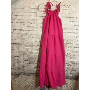 4Our Dreamers Gauze Maxi Dress Womens Small Hot Pink Tiered Tassel Tie Sleeves